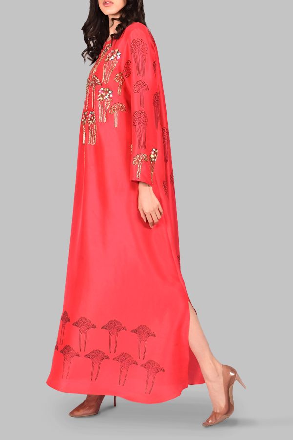 Lollipop Red Block Printed Embellished Raw Silk Maxi - Image 2