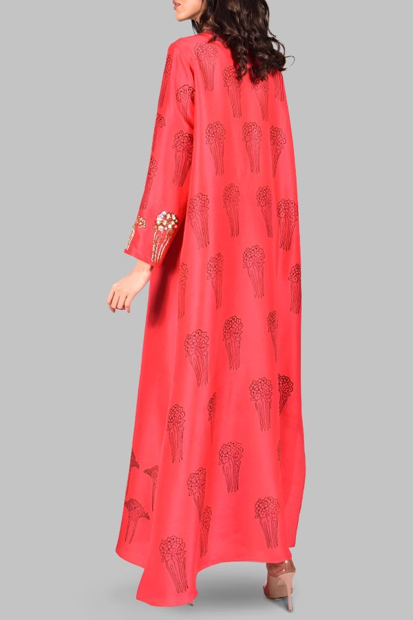 Lollipop Red Block Printed Embellished Raw Silk Maxi - Image 3