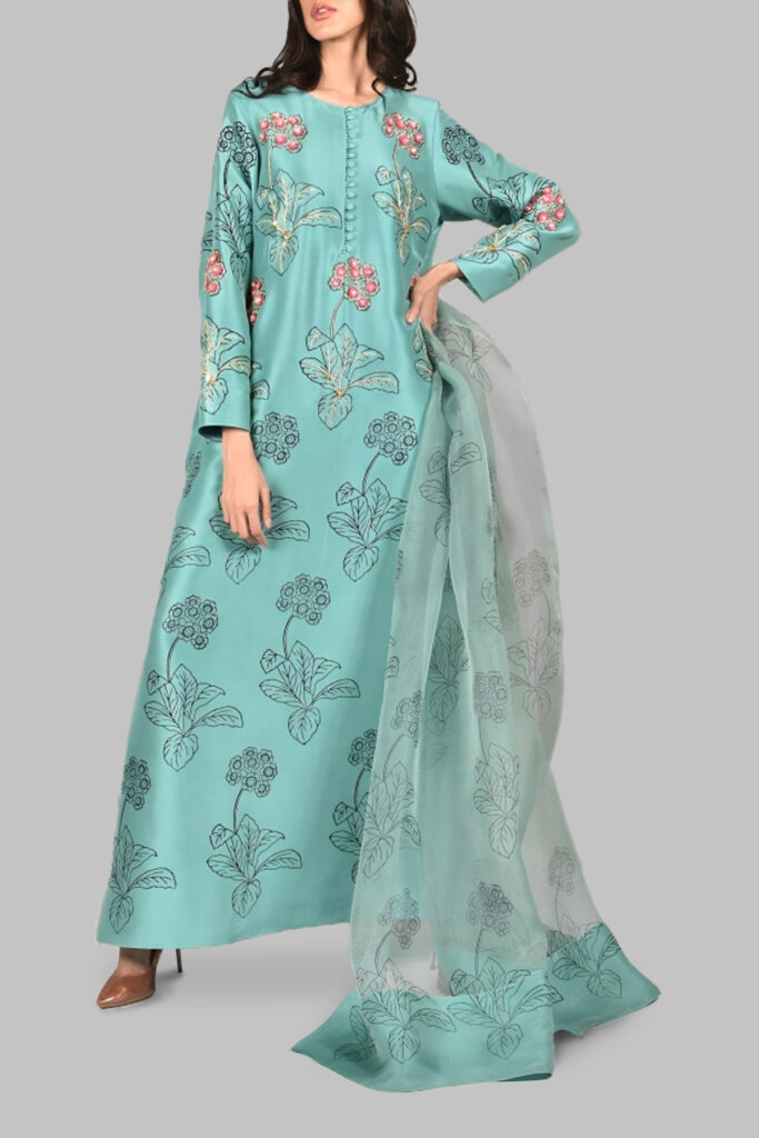 melissa green goddess dressing Long Indian Cotton Block Print Dress – White with Blue Flowers and Gre –  Malini Shop main image 0
