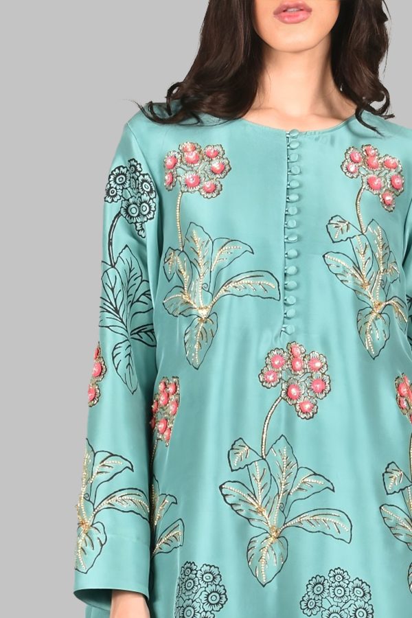 Waterfall Green Block Printed Embellished Maxi Dress Set - Image 2