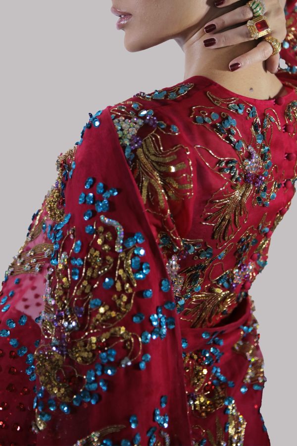 Tango Red Embellished Organza Sari - Image 3