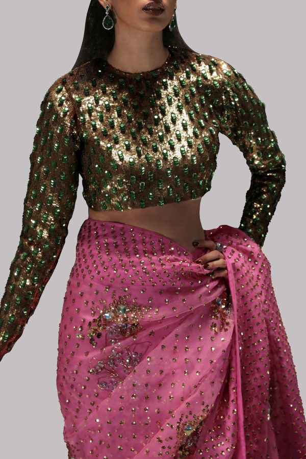 Pink Carnation Embellished Organza Sari - Image 2