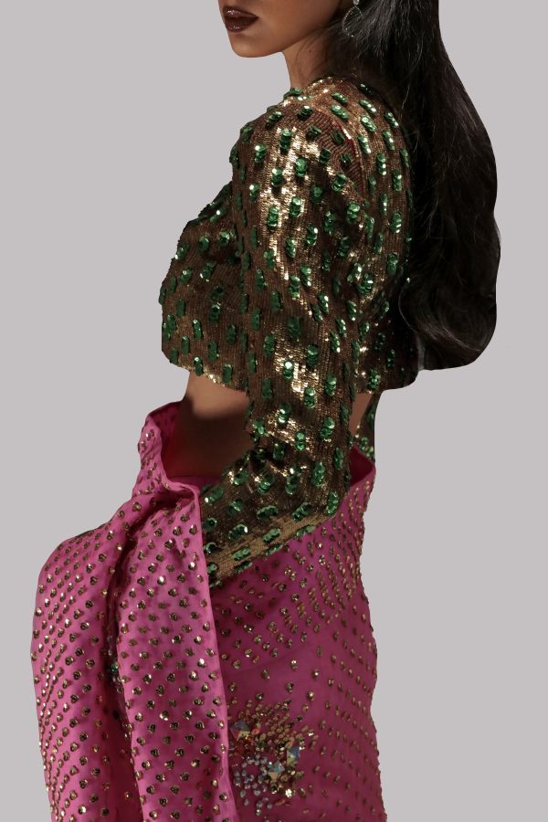 Pink Carnation Embellished Organza Sari - Image 3