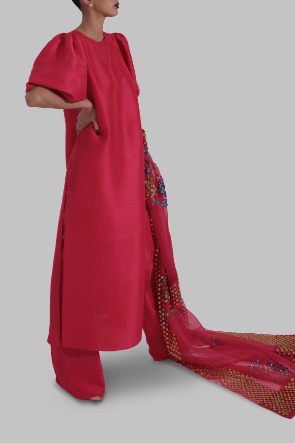 Lollipop Red Embellished Raw Silk Set - Image 2