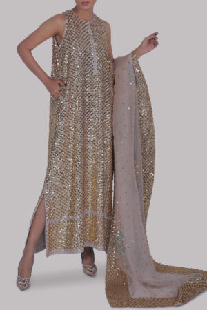 Silver Grey Embellished Raw Silk Maxi Set
