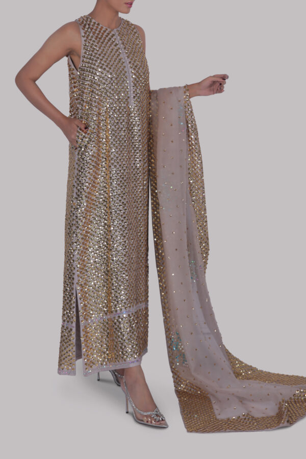 Silver Grey Embellished Raw Silk Maxi Set - Image 3