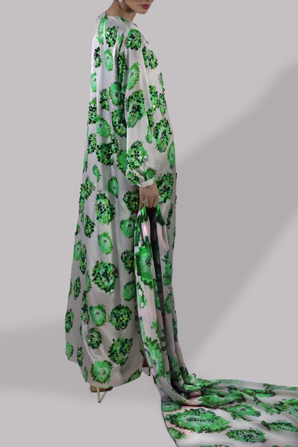 Jadeite and Green Digital Print Embellished Satin Silk Set - Image 2