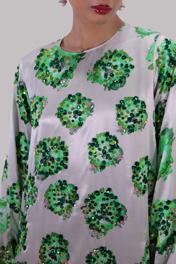 Jadeite and Green Digital Print Embellished Satin Silk Set - Image 3
