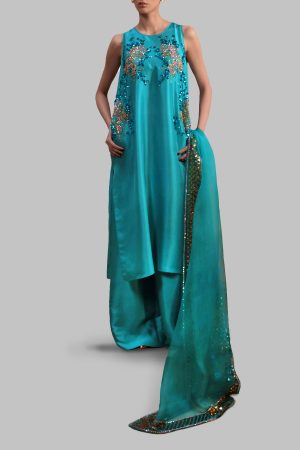 Viridian Green Embellished Raw Silk Set
