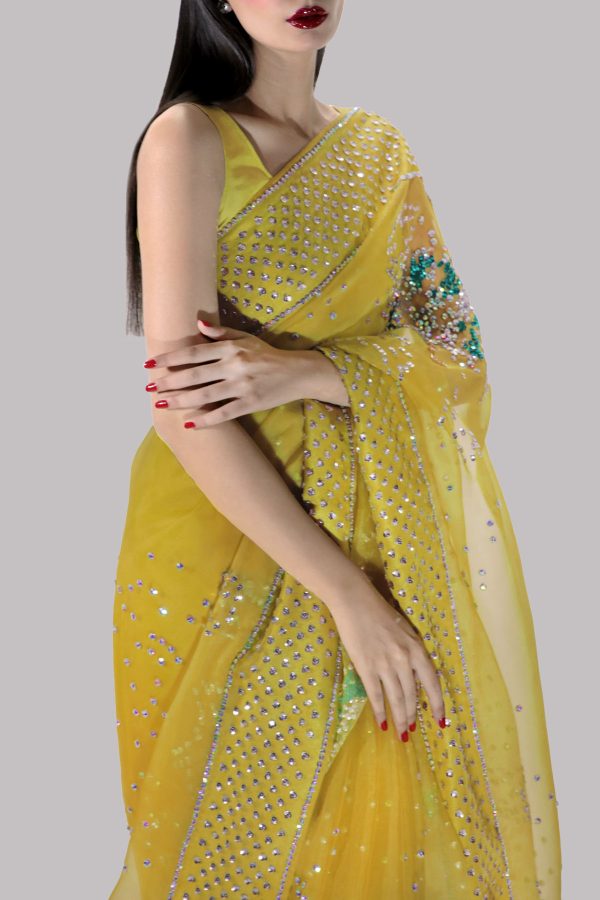 Aurora Yellow Embellished Organza Sari - Image 4