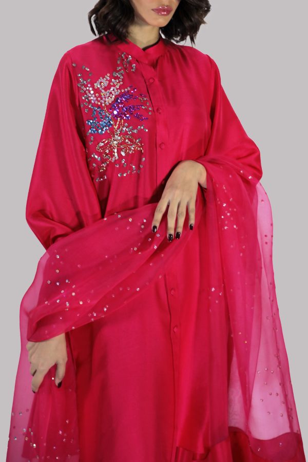Virtual Pink Embellished Raw Silk Set - Image 4