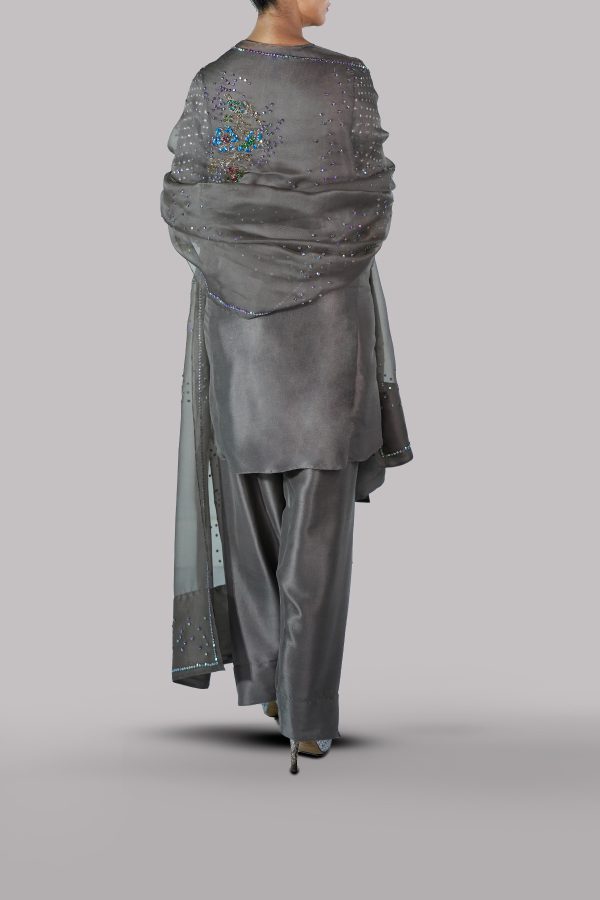 Taupe Grey Embellished Raw Silk Set - Image 2
