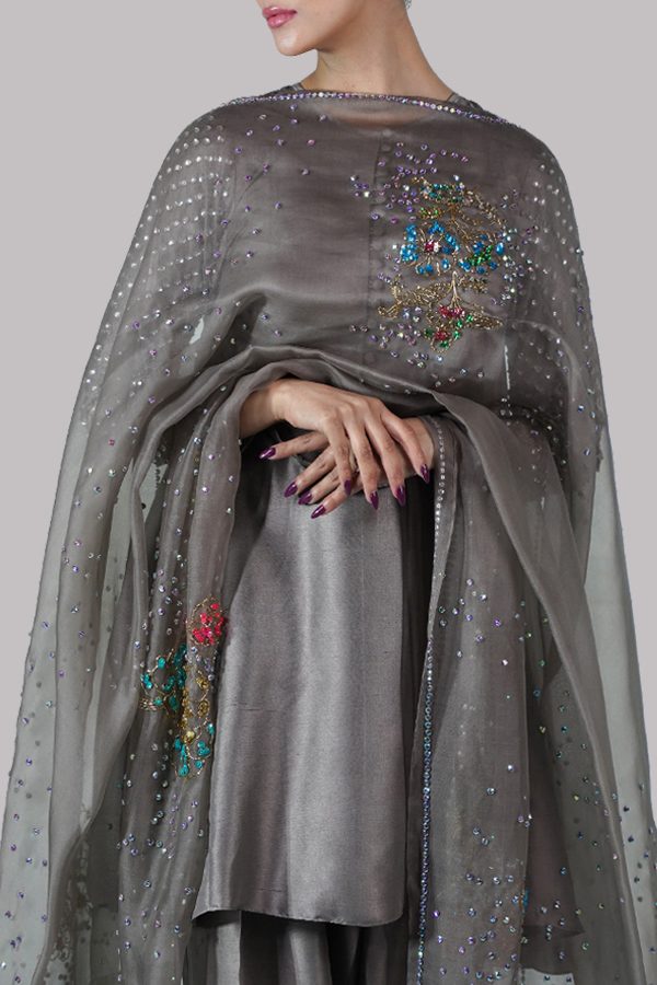 Taupe Grey Embellished Raw Silk Set - Image 3