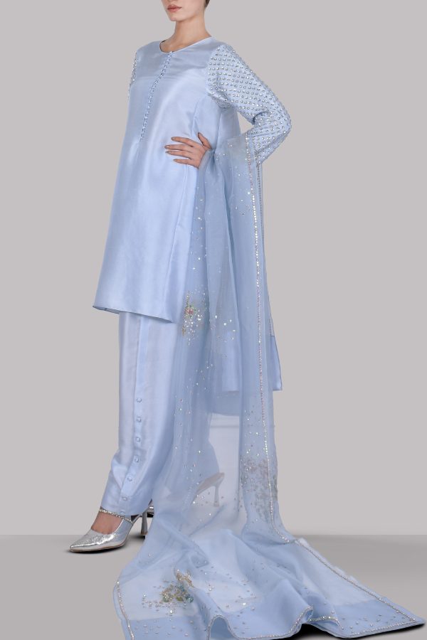 Cashmere Blue Embellished Raw Silk Set - Image 2
