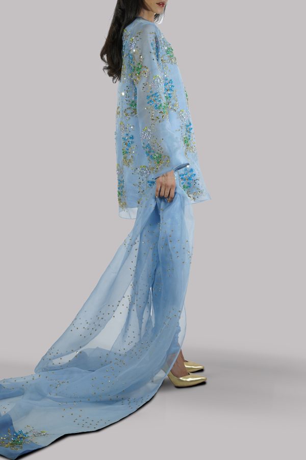 Heritage Blue Embellished Raw Silk Churidaar Set - Image 2