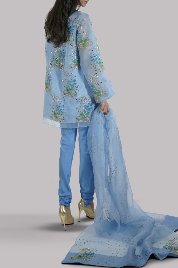 Heritage Blue Embellished Raw Silk Churidaar Set - Image 3