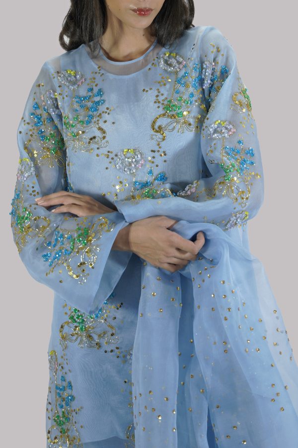 Heritage Blue Embellished Raw Silk Churidaar Set - Image 4