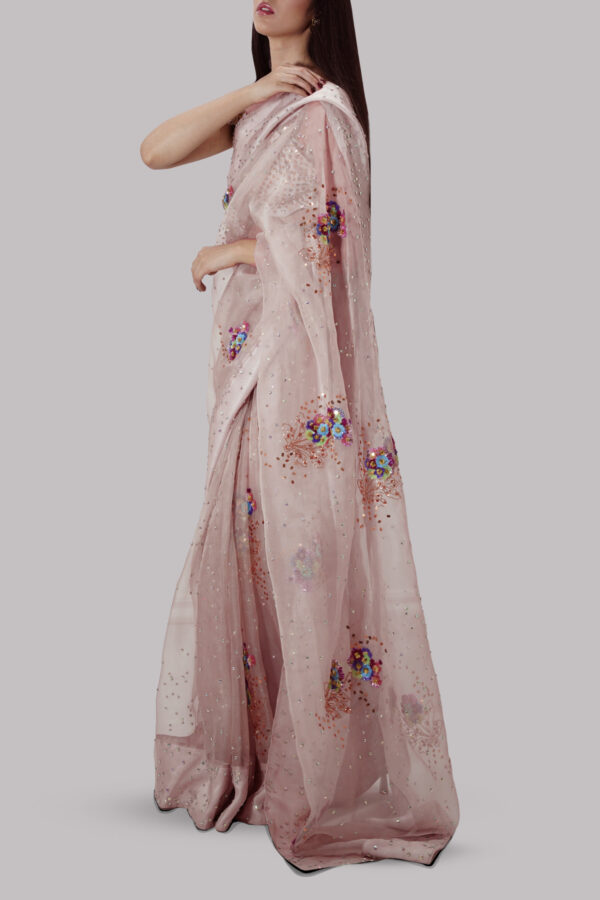 Rose Smoke Embellished Organza Sari - Image 2