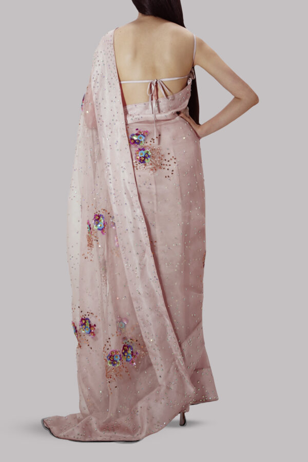 Rose Smoke Embellished Organza Sari - Image 3