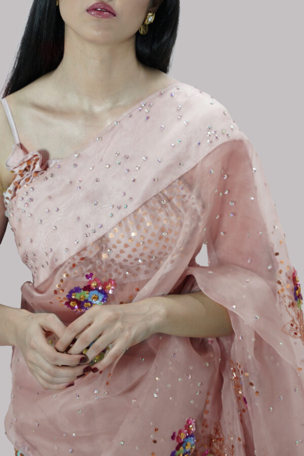 Rose Smoke Embellished Organza Sari - Image 4
