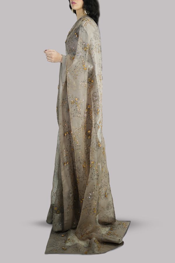 Simply Taupe Block-Printed Embellished Sari - Image 2