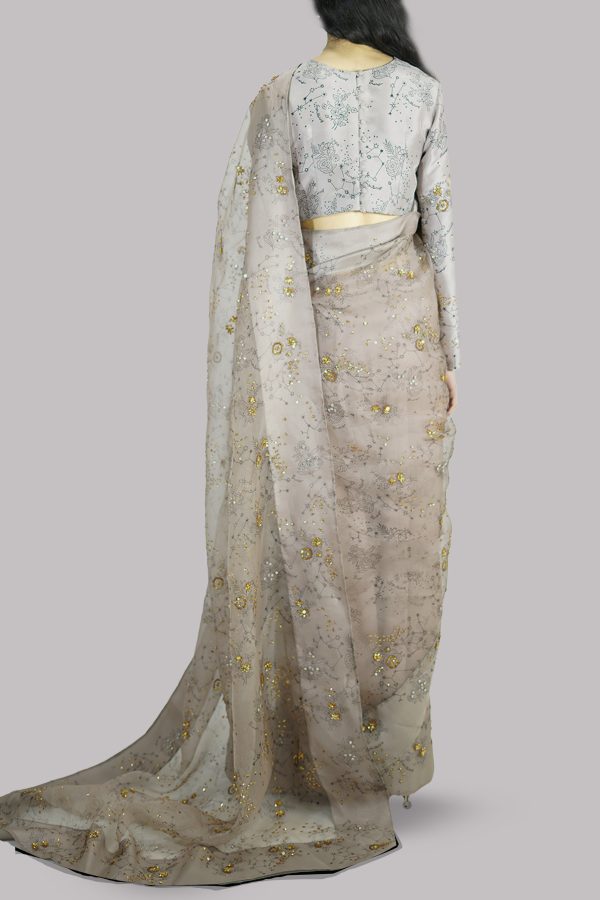 Simply Taupe Block-Printed Embellished Sari - Image 3