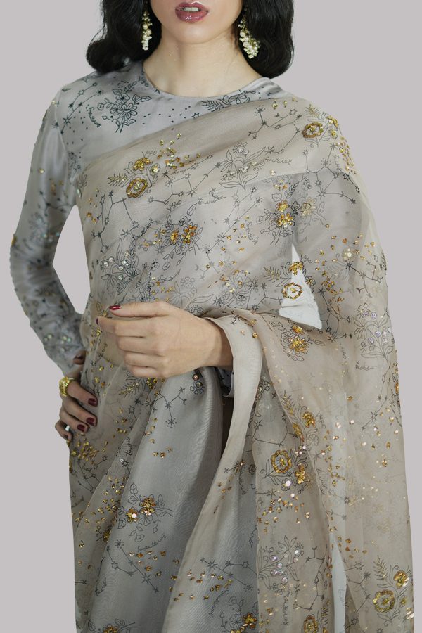 Simply Taupe Block-Printed Embellished Sari - Image 4