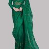 Golf Green Block Printed and Embellished Sari