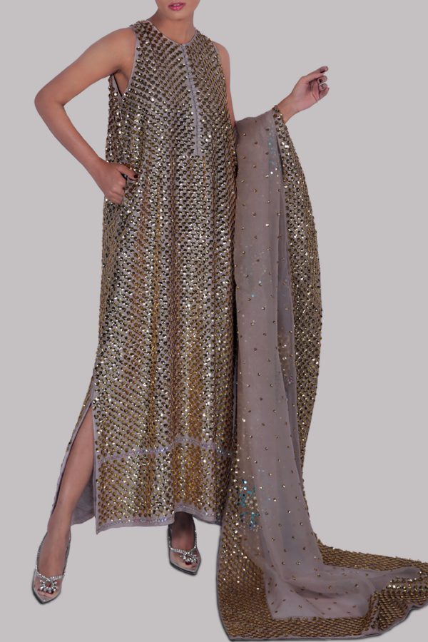 Silver Grey Embellished Raw Silk Maxi Set