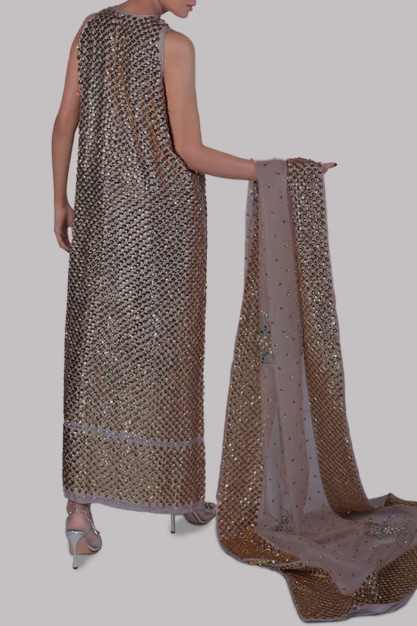 Silver Grey Embellished Raw Silk Maxi Set - Image 2