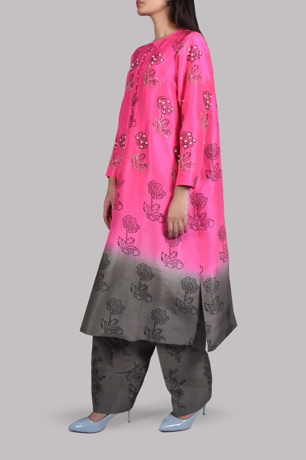 Azalea Pink Ombre Block Print Embellished Raw Silk Tunic Set - Image 2