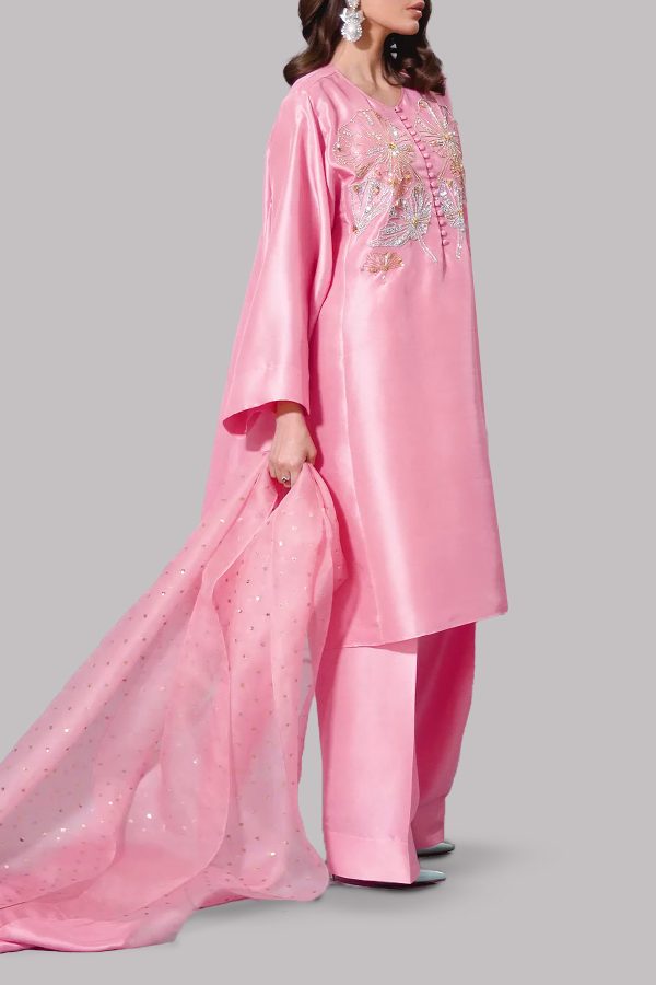 Orchid Pink Oversized Embellished Raw Silk Tunic Set - Image 2