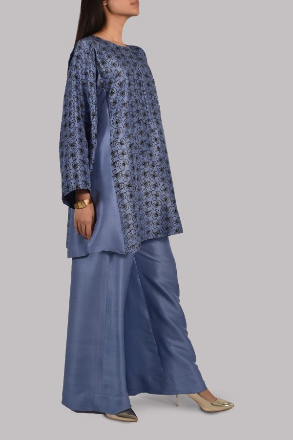 Colony Blue Oversized Block Printed Raw Silk Tunic Set - Image 2