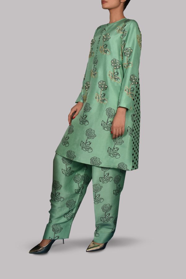 Neptune Green Block Print Embellished Raw Silk Tunic Set - Image 2