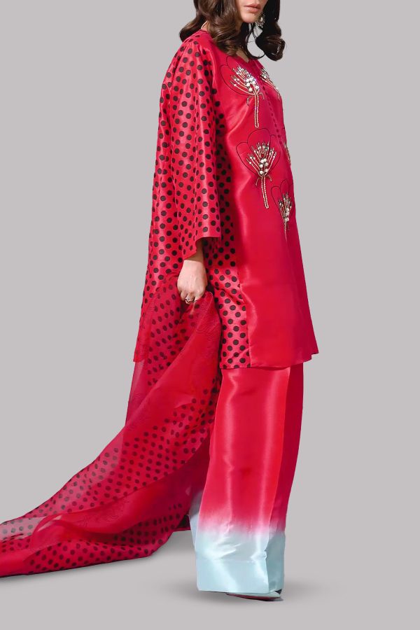 Lollipop Red Oversized Printed Embellished Raw Silk Set - Image 2