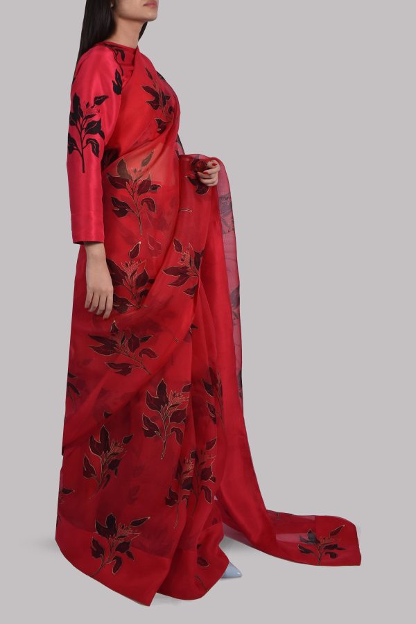 Tango Red Block Printed Organza Sari - Image 2