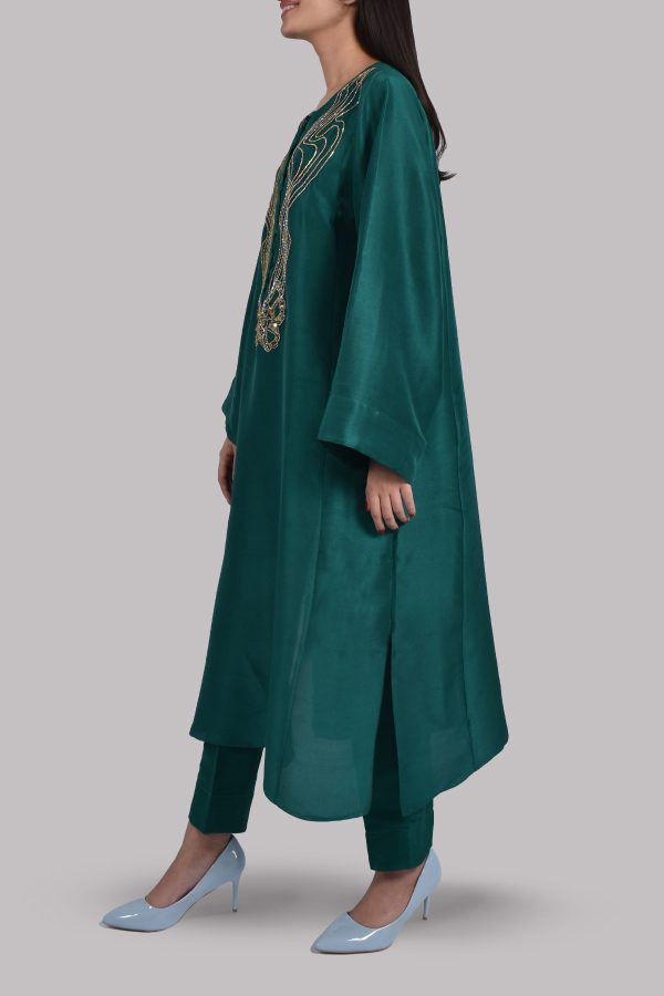 Bayberry Green Oversized Embellished Raw Silk Dress Set - Image 2