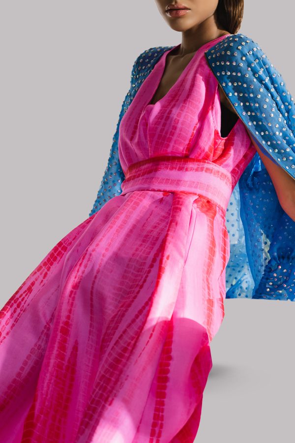 Diva Pink and Tango Red Tie-Dye Raw Silk Maxi Dress - Image 2
