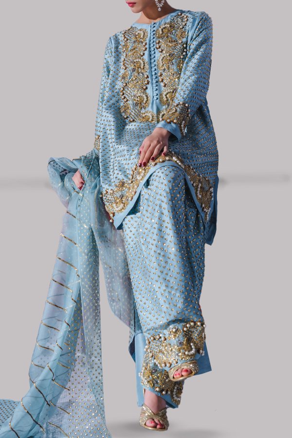 Aqua Embellished Raw Silk Set - Image 2