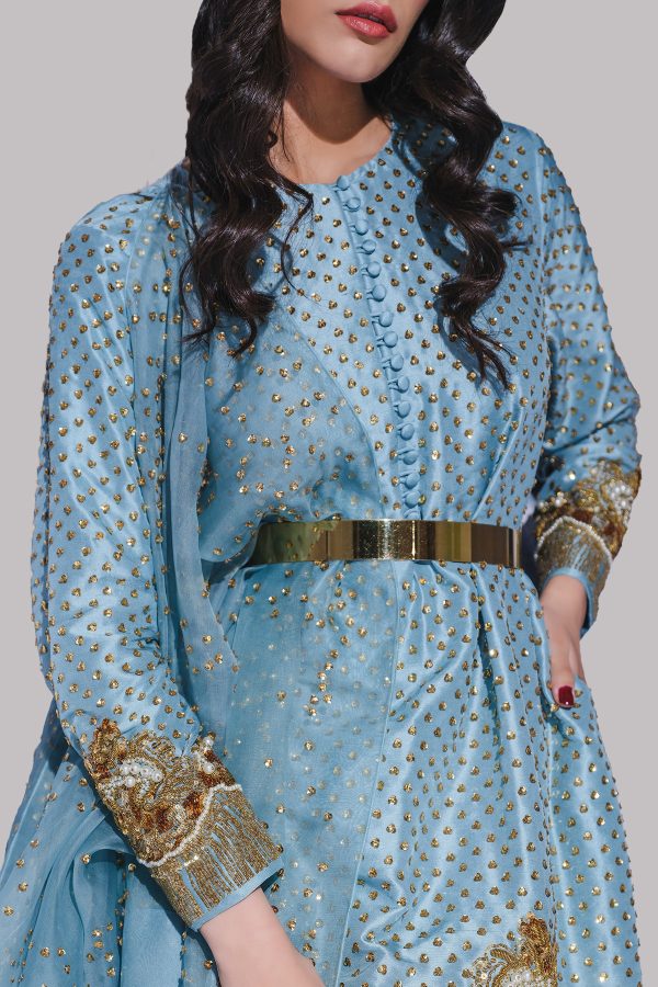 Aqua Embellished Raw Silk Set - Image 3