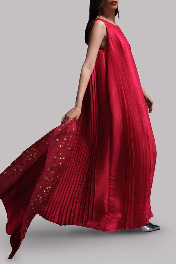 Tango Red Pleated Raw Silk Maxi with Embellished Dupatta - Image 2