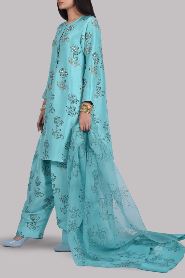 Blue Radiance Block Print Embellished Raw Silk Tunic Set - Image 2