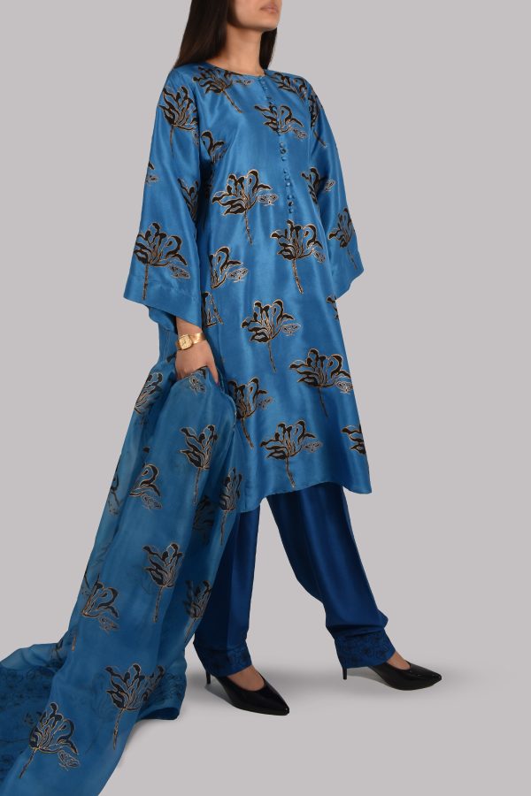 Mediterranean Blue Oversized Block Printed Raw Silk Tunic Set - Image 2