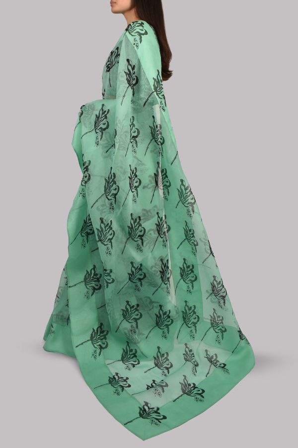 Neptune Green Block Printed Organza Sari - Image 2