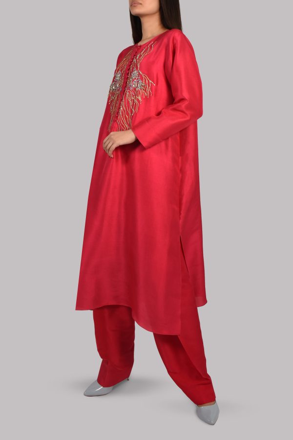 Bright Rose Embellished Raw Silk Dress Set - Image 2