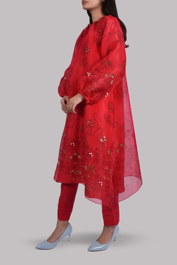 Lollipop Red Organza Block Printed Embellished Tunic Set - Image 2