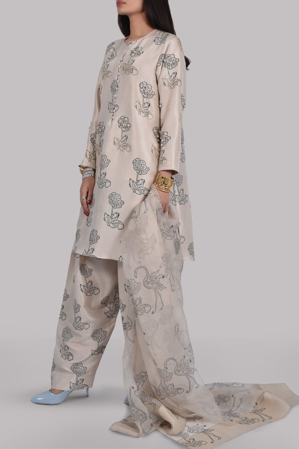 White Swan Block Print Embellished Raw Silk Tunic Set - Image 2