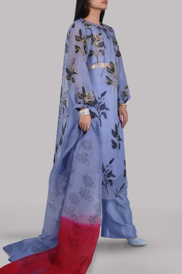 Forever Blue Organza Block Printed Embellished Tunic Set - Image 2