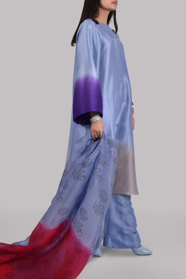 Forever Blue Oversized Ombre Raw Silk Tunic Set - Image 2