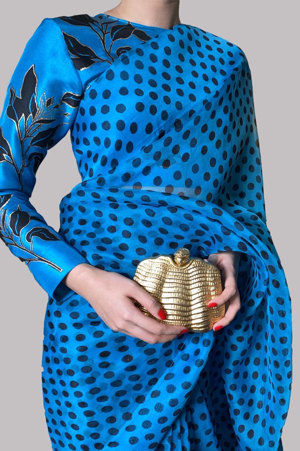 Algiers Blue Block Printed Organza Sari - Image 2